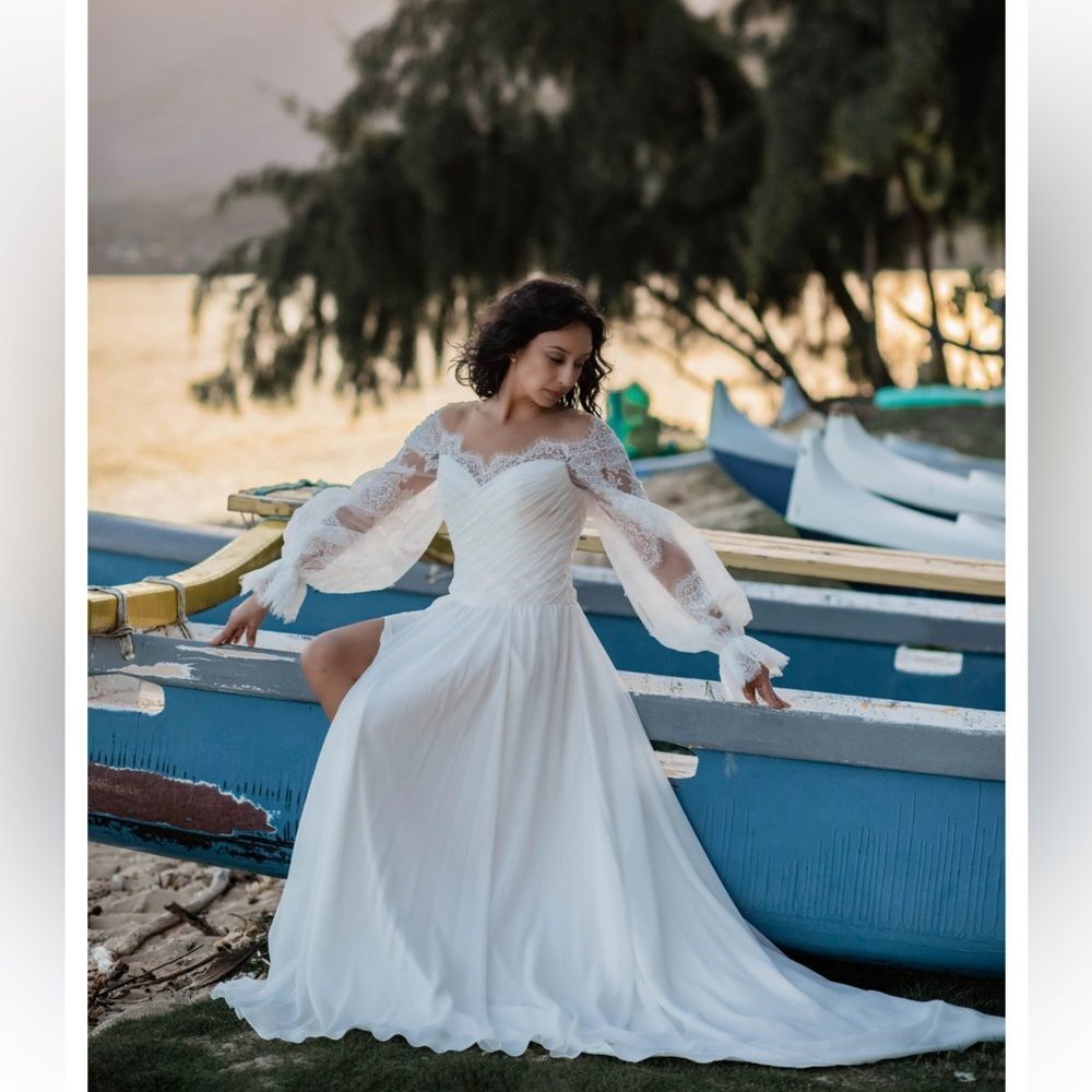 OFF THE SHOULDER A-LINE LACE WEDDING DRESS WITH CHIFFON SKIRT